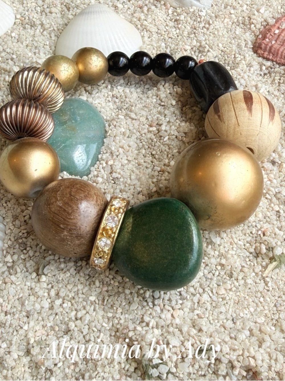 BRUTALIST Green, Gold & Brown Chunky Beaded Bracelet